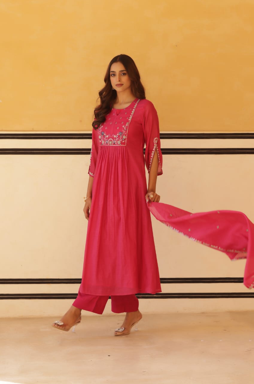 Vibrant Pink Pure Mul Chanderi Flared Kurta