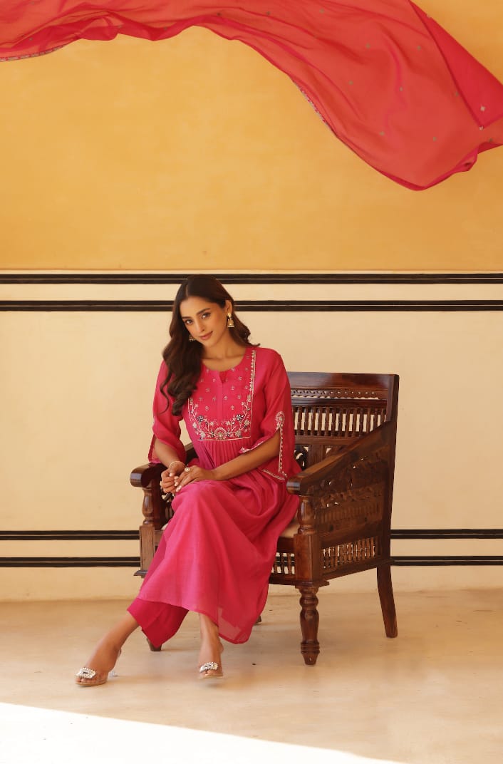 Vibrant Pink Pure Mul Chanderi Flared Kurta