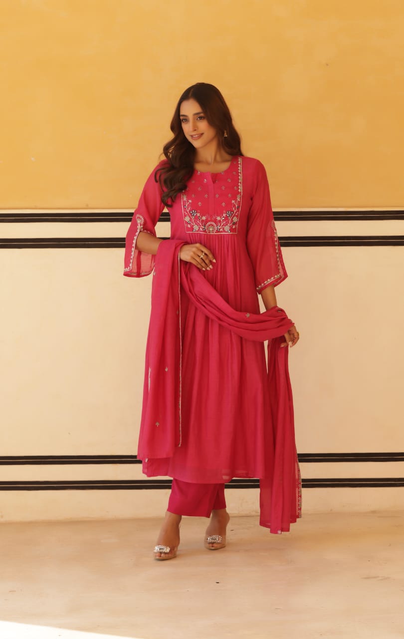 Vibrant Pink Pure Mul Chanderi Flared Kurta