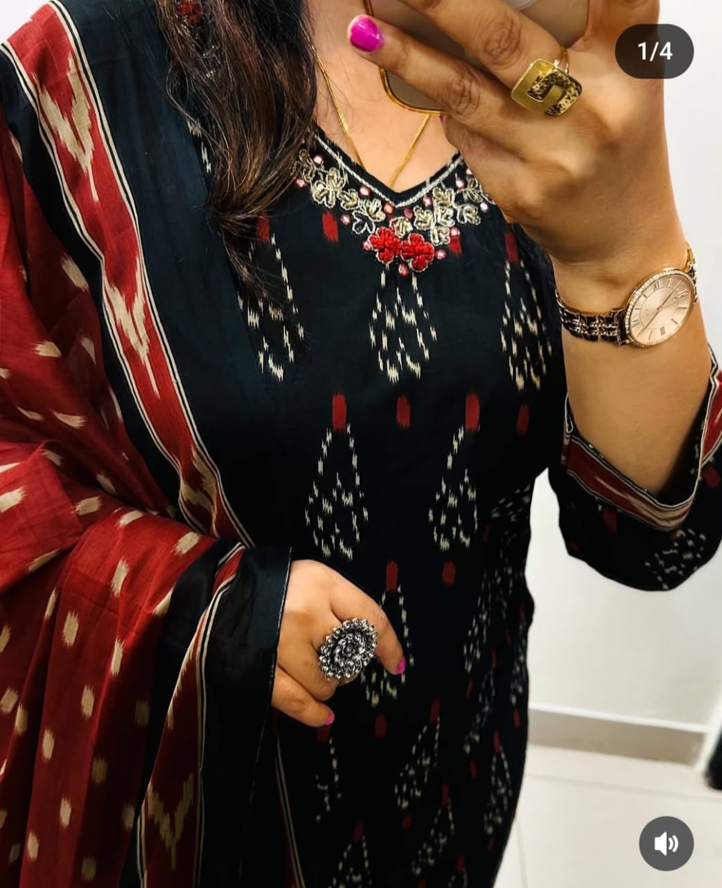 Black Cotton printed kurta pant and mulmul dupatta set embroidery work on the neck