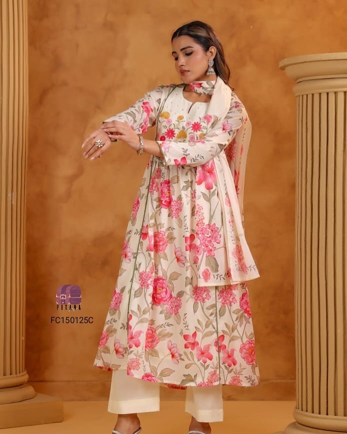 Premium cotton pink printed floral Anarkali with embroidery