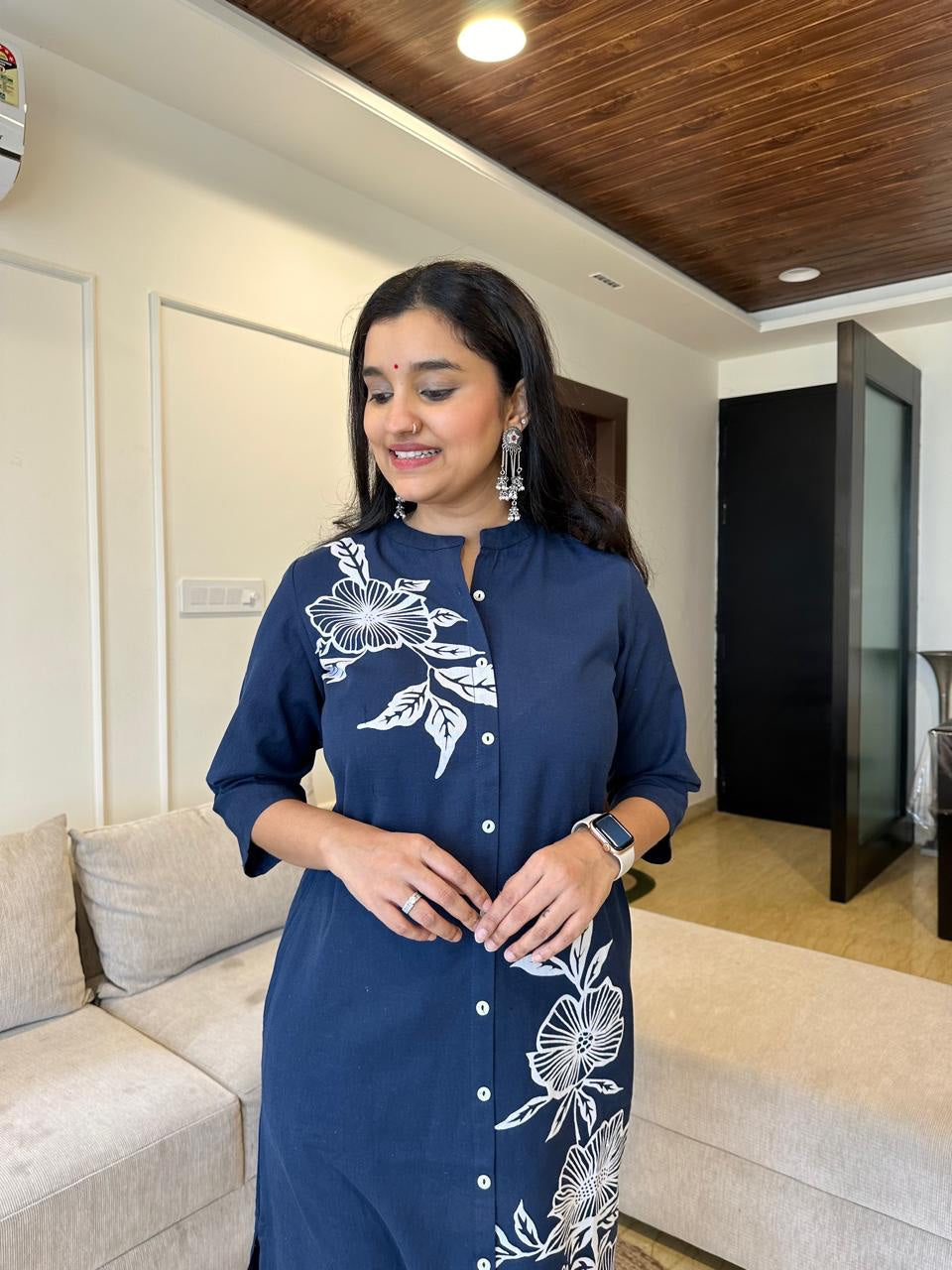 Navy Blue Floral Printed Cotton A-line Fit Kurta Pant