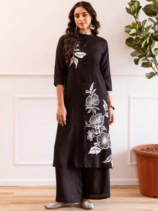 Black Floral Printed Cotton A-line Fit Kurta Pant