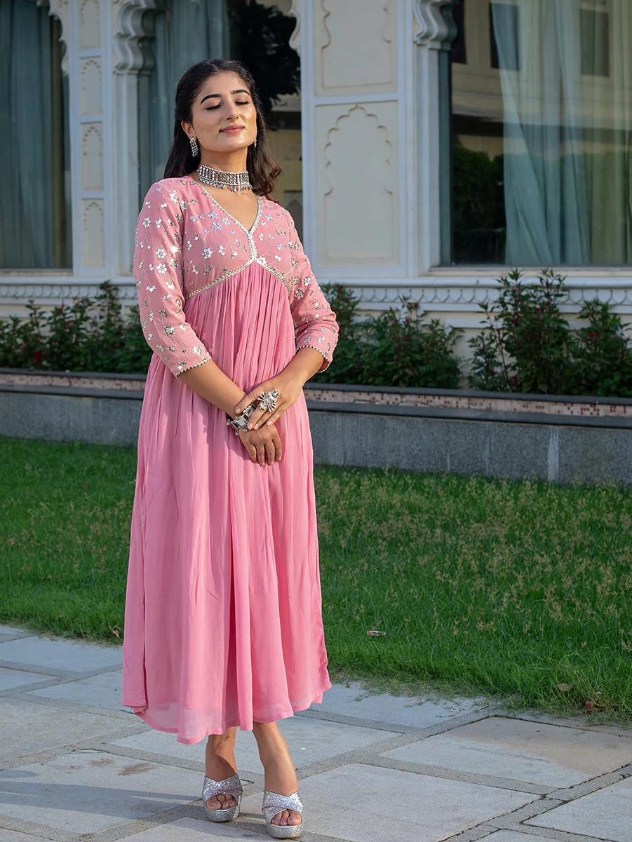 Pink Sequence Embroidered Rayon Anarkali Gown