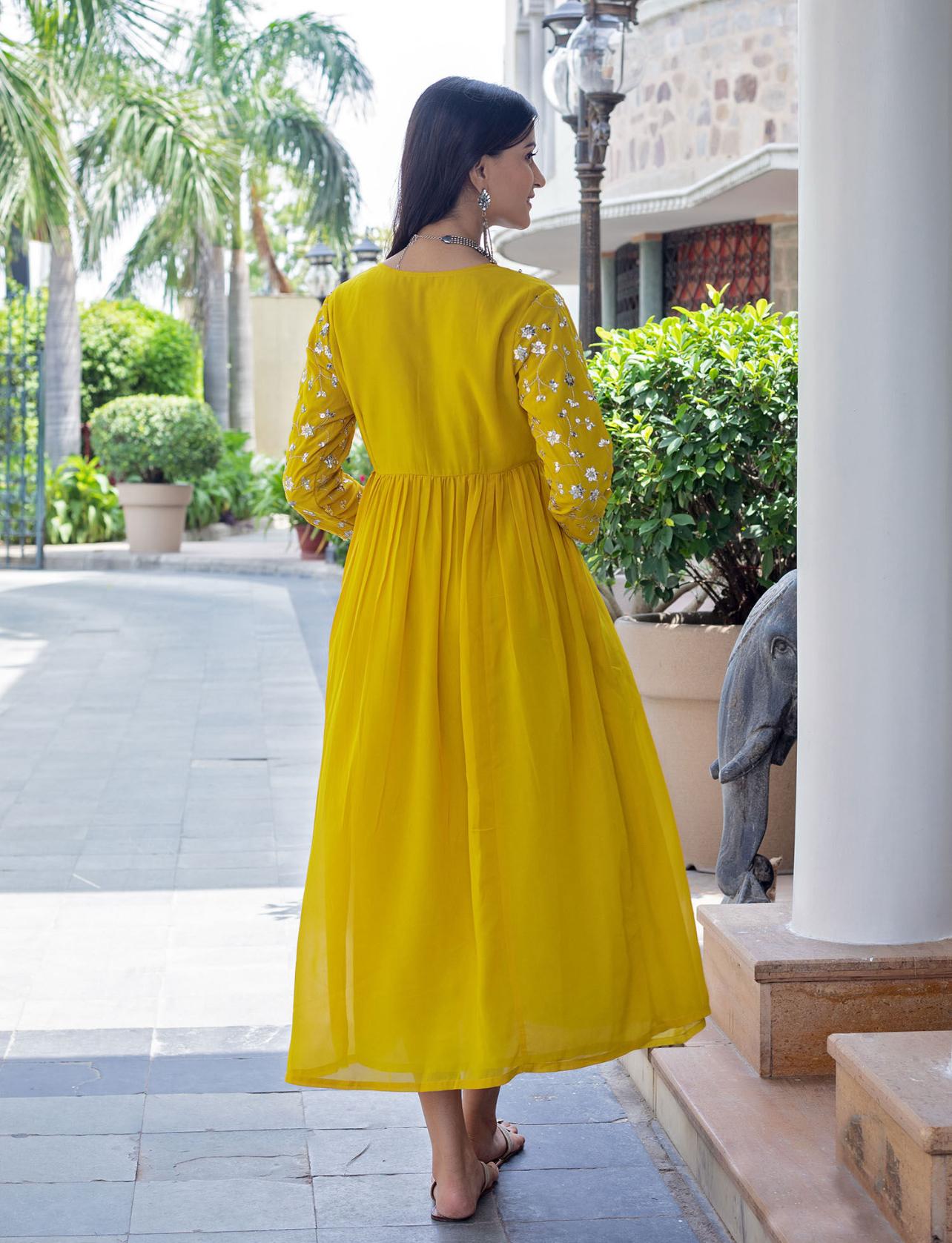 Yellow Sequence Embroidered Rayon Anarkali Gown