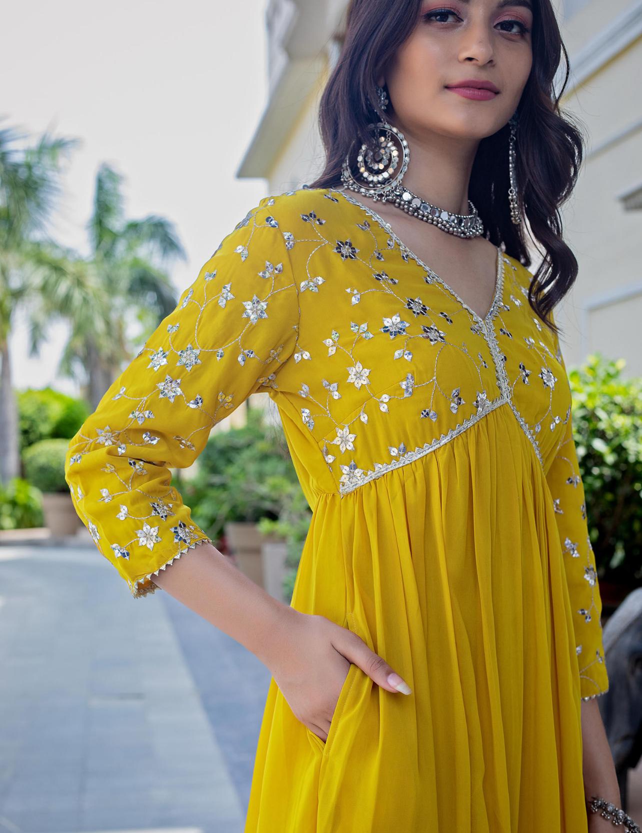 Yellow Sequence Embroidered Rayon Anarkali Gown