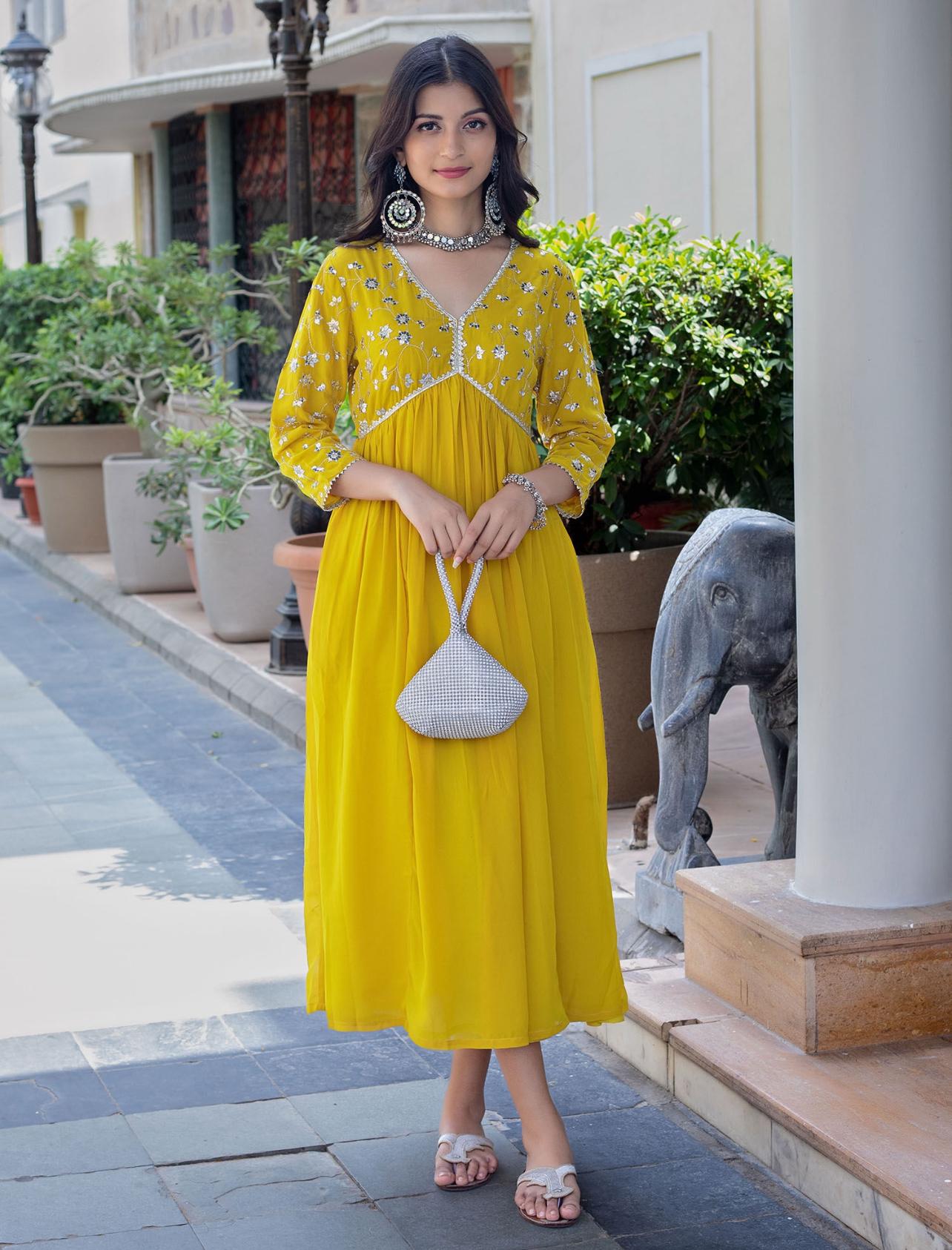 Yellow Sequence Embroidered Rayon Anarkali Gown