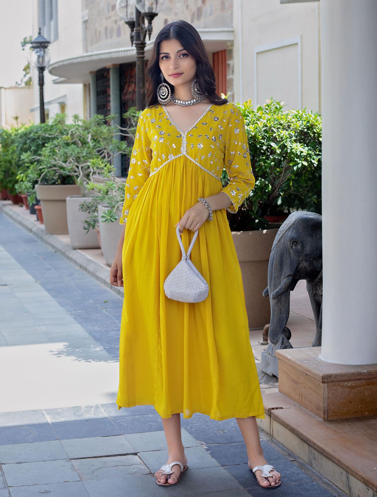 Yellow Sequence Embroidered Rayon Anarkali Gown