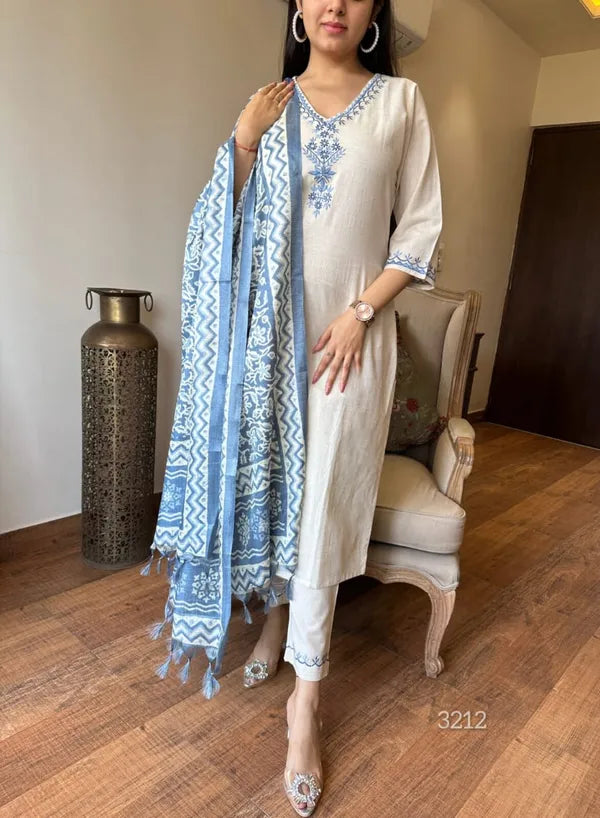 Off White Embroidered Cotton Flex Suit Set with Cotton Silk Dupatta set