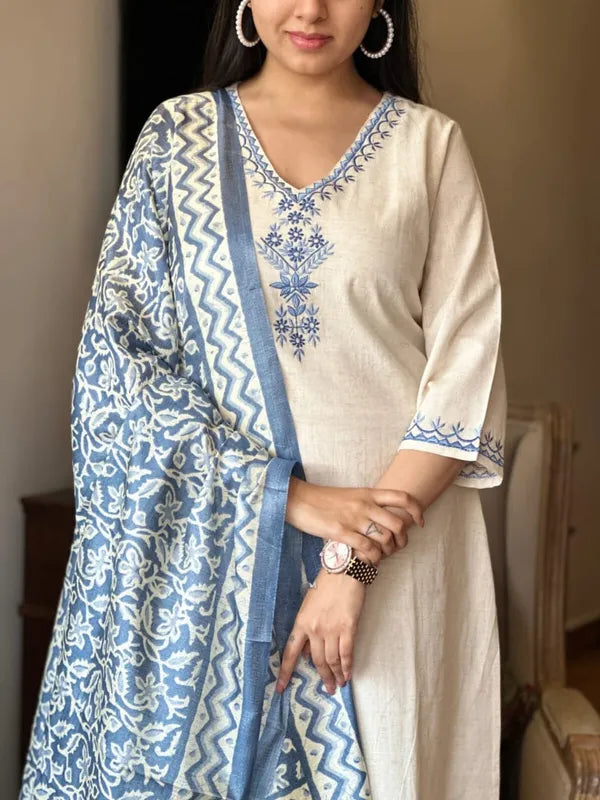 Off White Embroidered Cotton Flex Suit Set with Cotton Silk Dupatta set