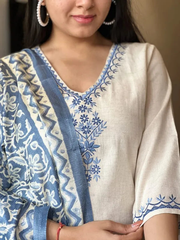 Off White Embroidered Cotton Flex Suit Set with Cotton Silk Dupatta set