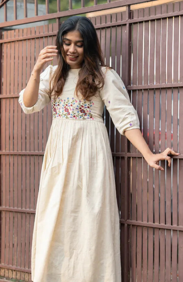 Off White Embroidered Cotton Anarkali Gown
