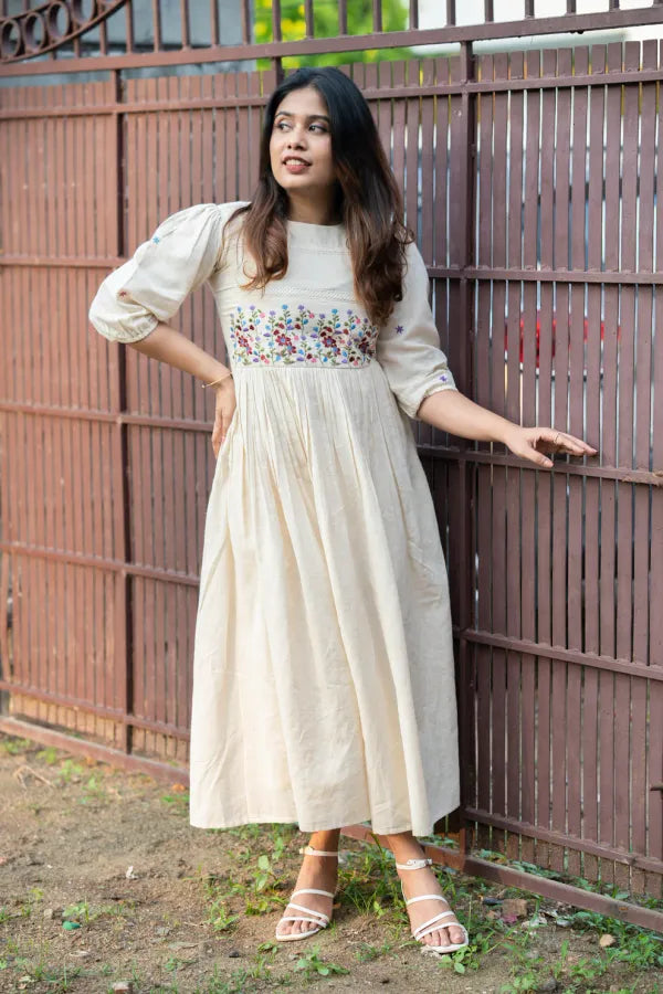 Off White Embroidered Cotton Anarkali Gown
