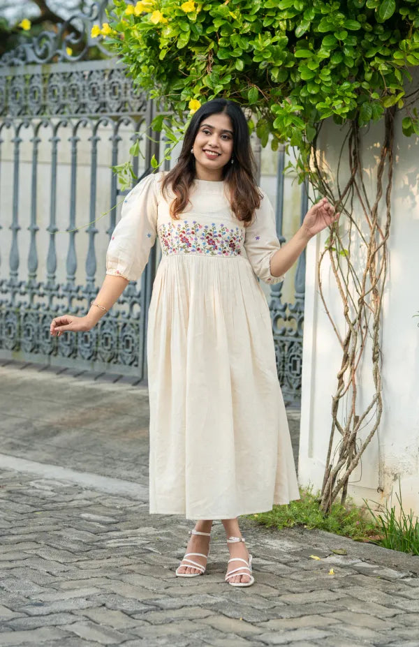 Off White Embroidered Cotton Anarkali Gown