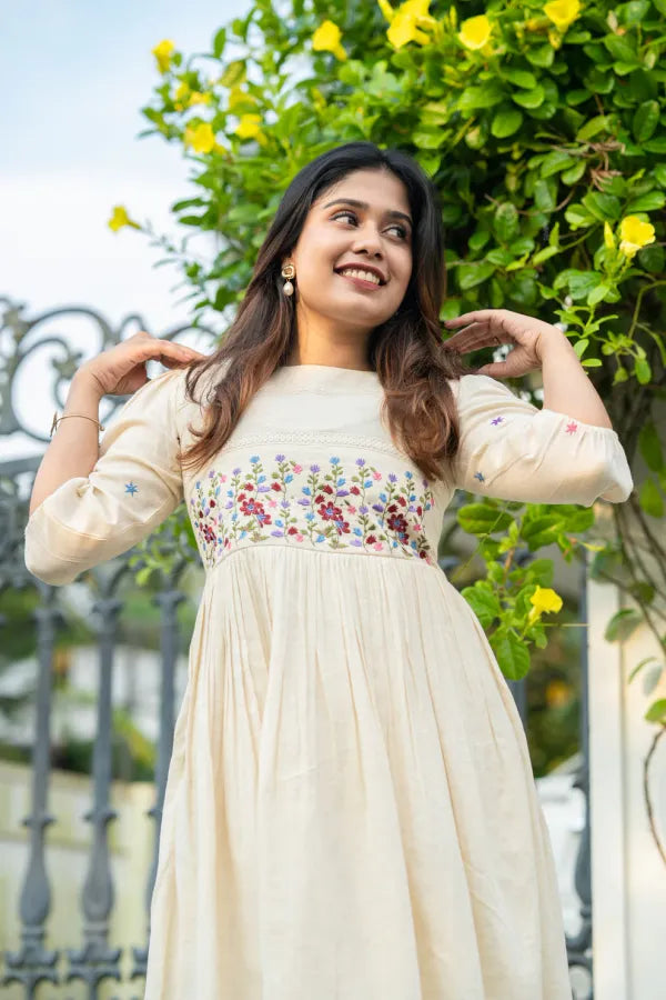 Off White Embroidered Cotton Anarkali Gown