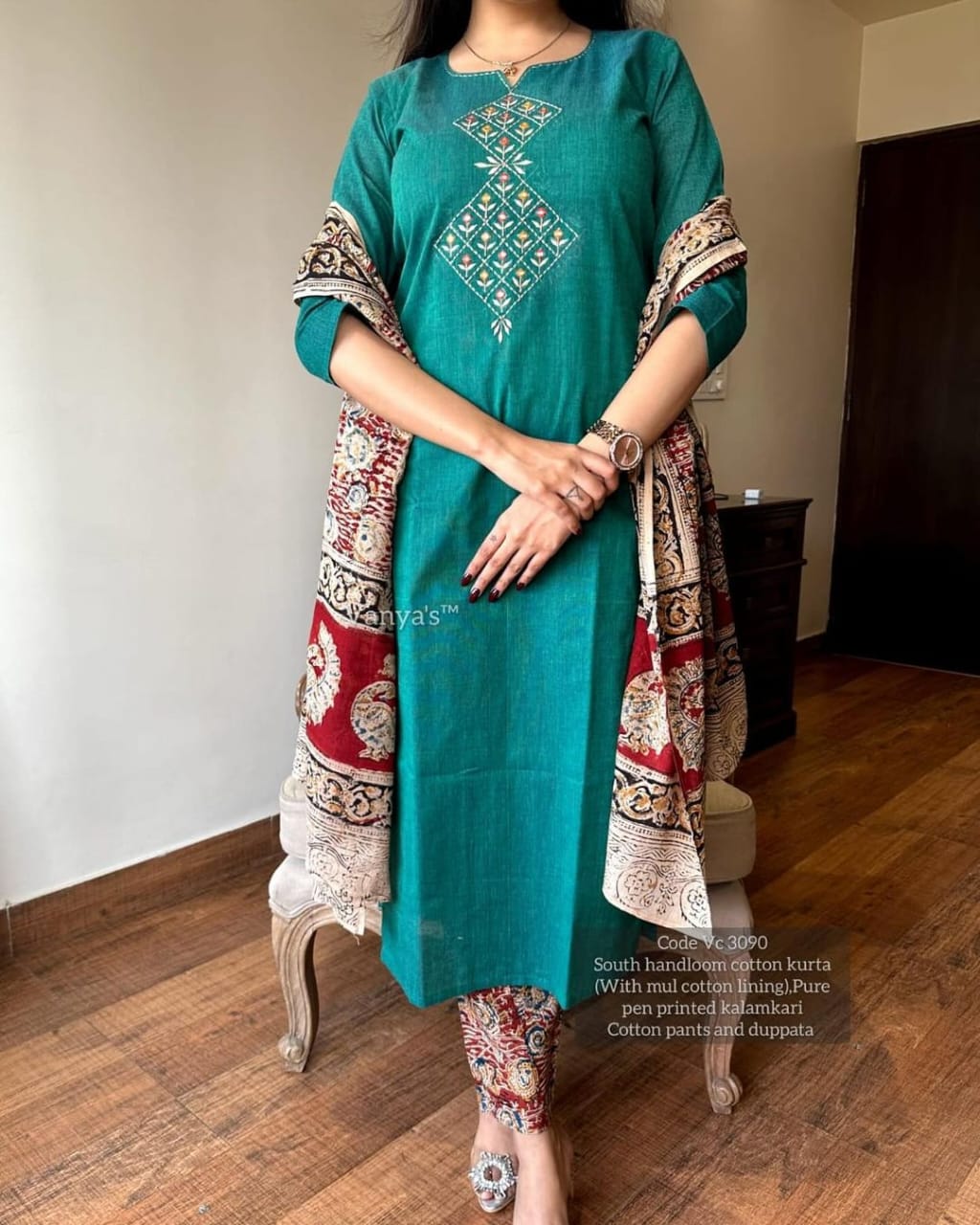 Turquoise Blue Handloom Cotton Embroidered Kurti Pant Set