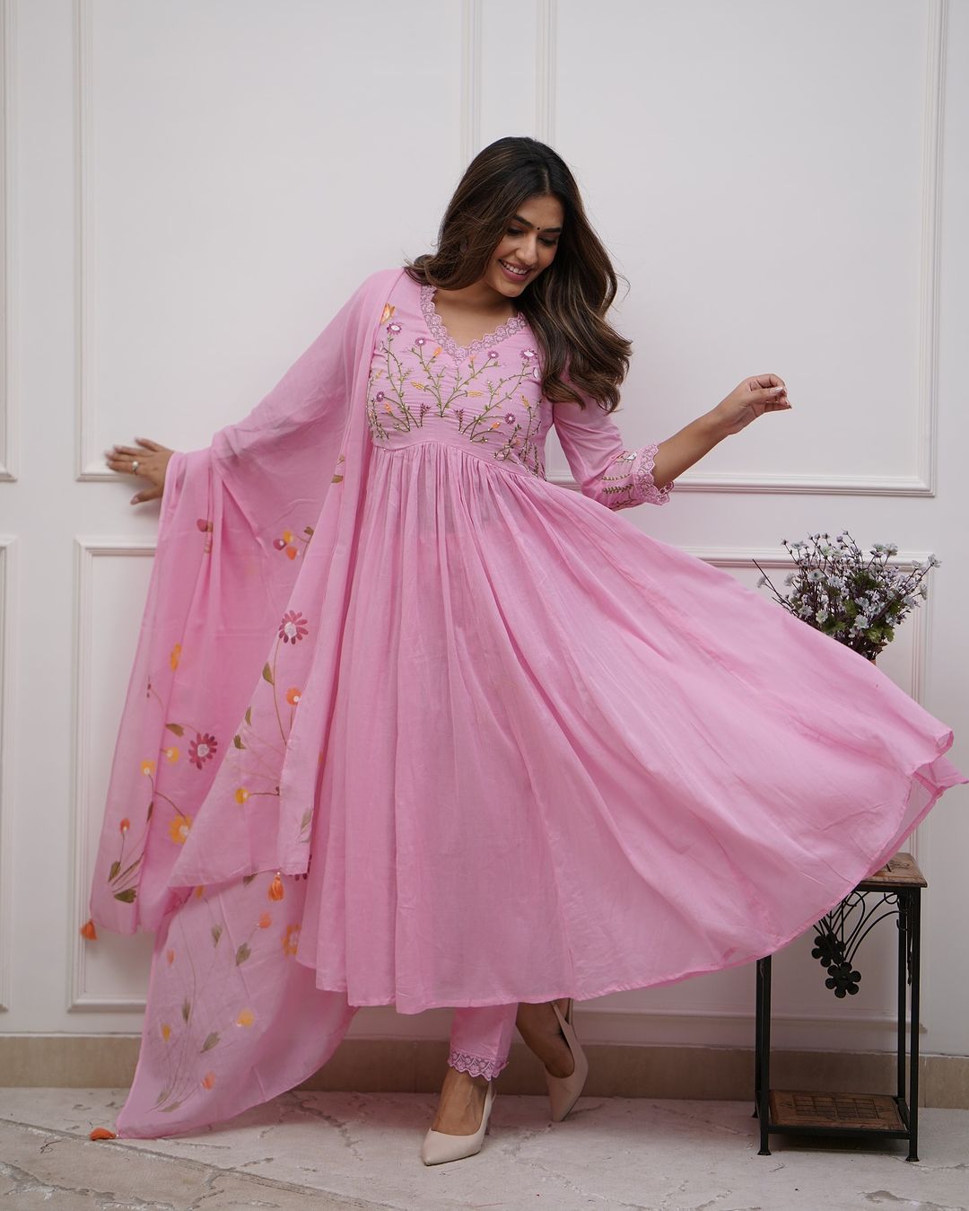 Pink Pure Cotton Kurta and Pants with Dupatta