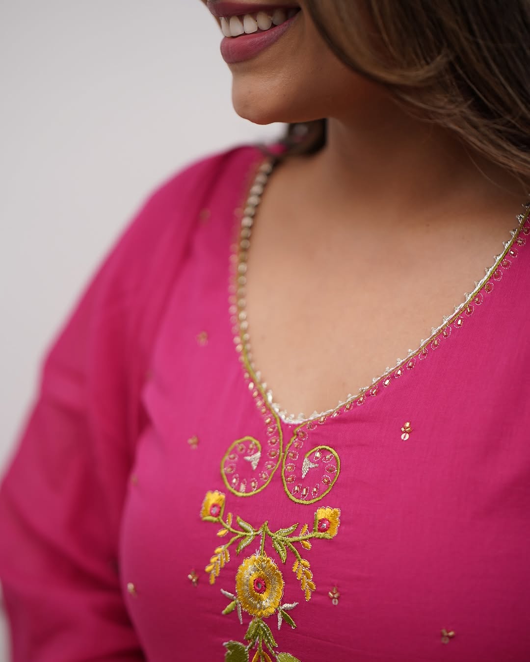 Pink Pure Cotton Kurti Pant Dupatta Set