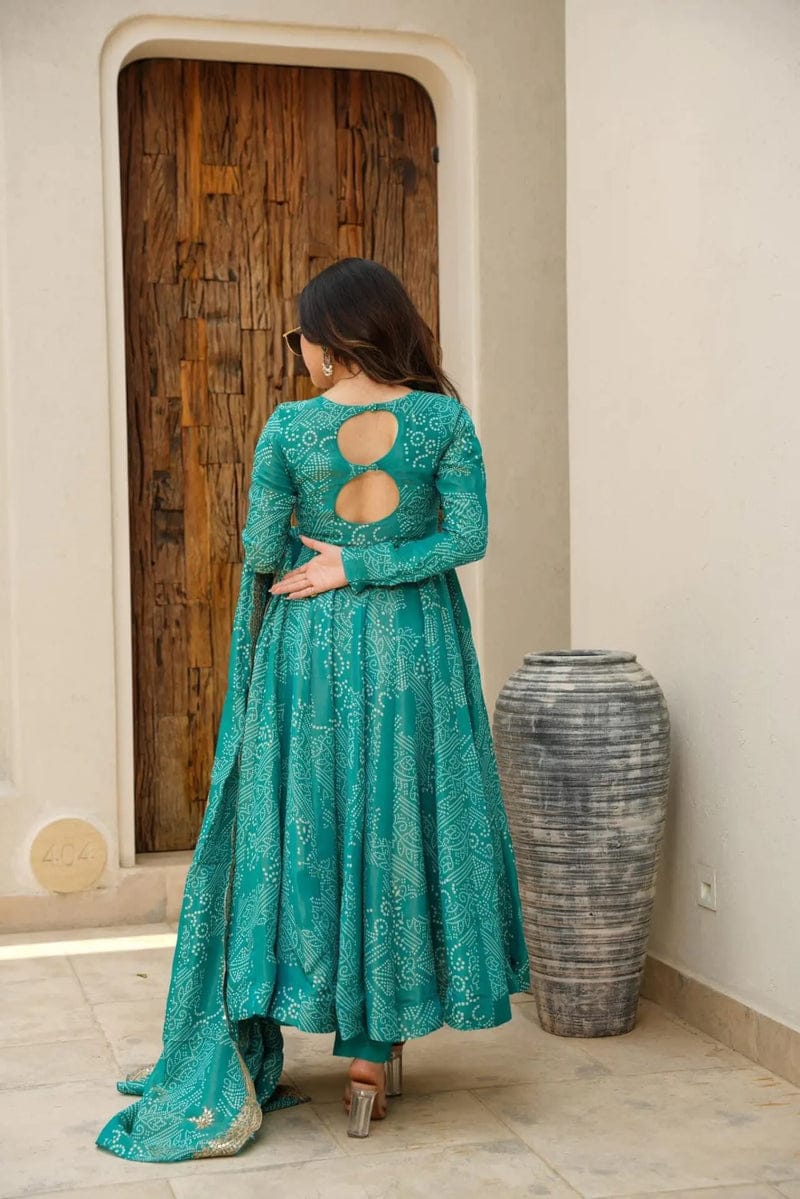 Blue Bandhani Print Anarkali Set With Heavy Work Duppata