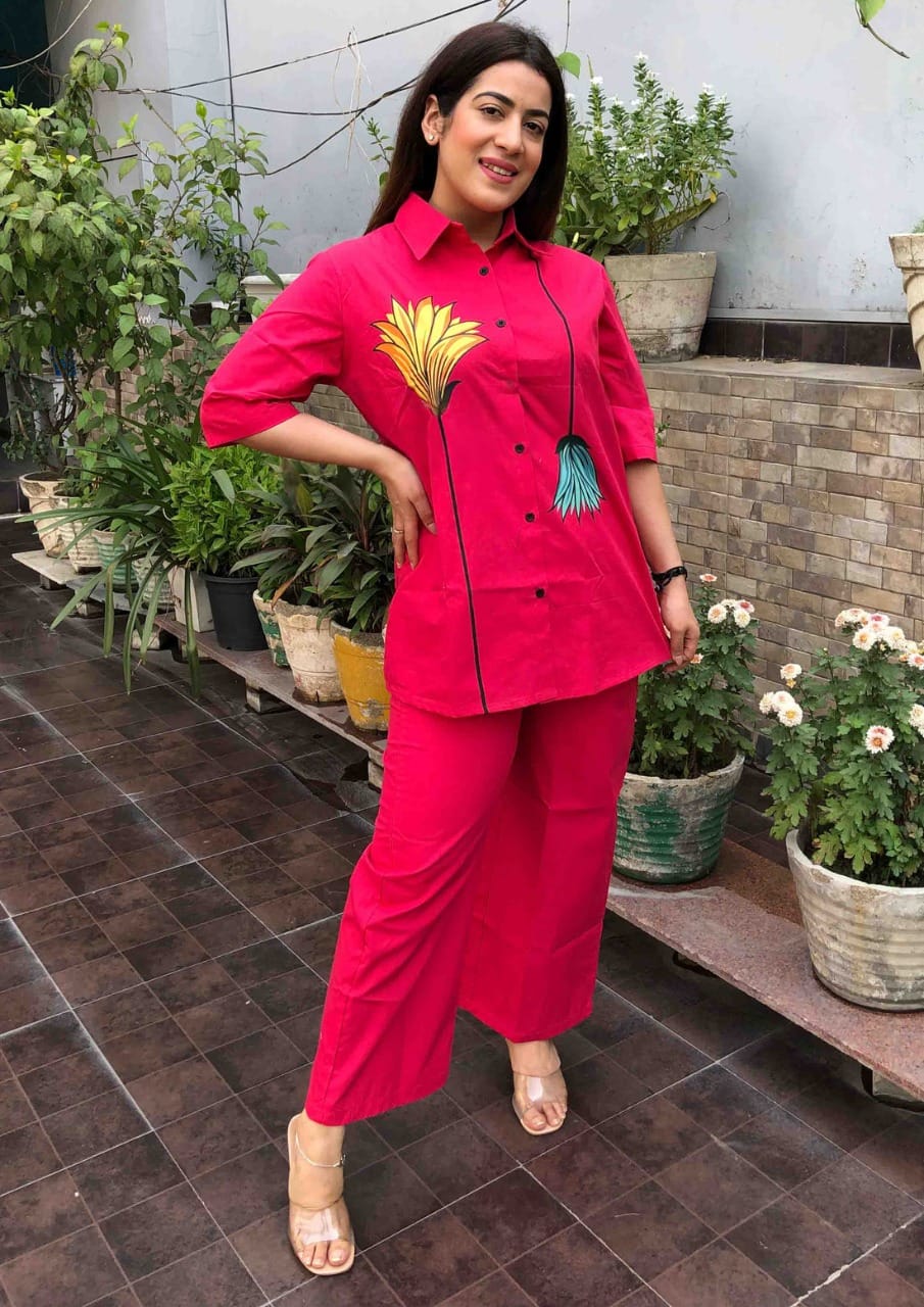 Red Hand Brush Print Shirt Co-ord Set