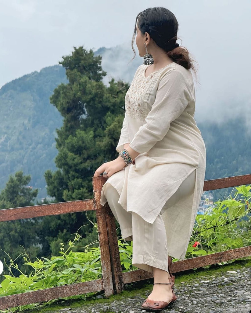 Cream Cotton Yoke Embroided Kurta and Pant Set