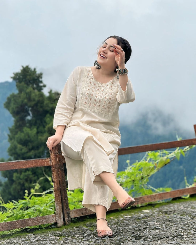 Cream Cotton Yoke Embroided Kurta and Pant Set