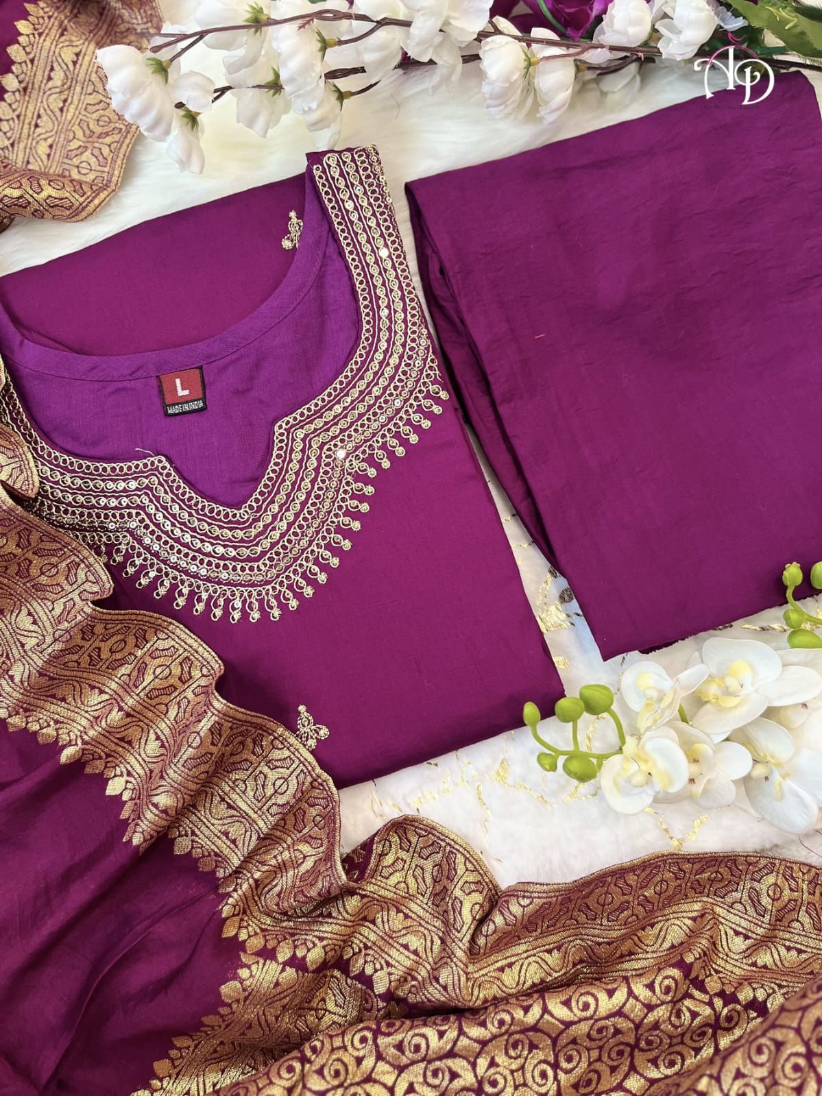 Purple Banana Cotton Silk Kurta Set with Orignal Sequence Hand Work Dupatta