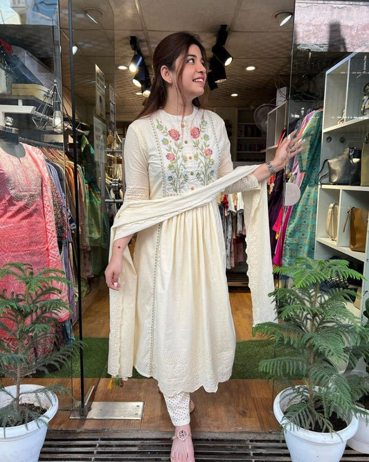 White Embroidered Cotton Schiffli Kurta and Pant Set with Dupatta