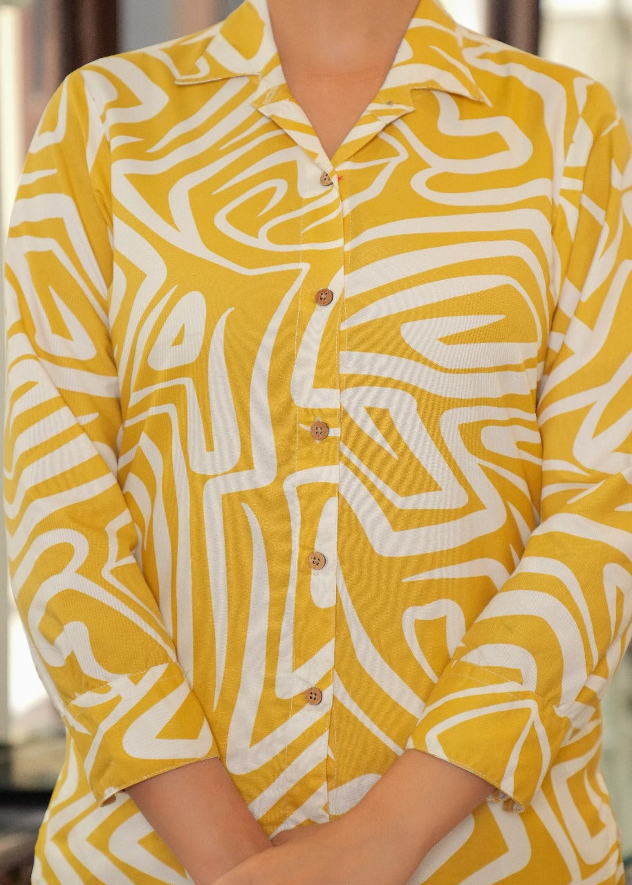 Yellow White Printed Cotton Blend Co-Ord Set