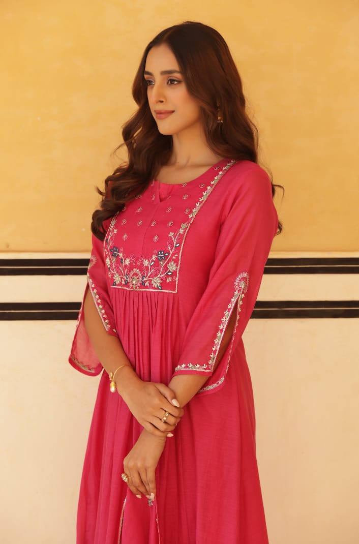 Vibrant Pink Pure Mul Chanderi Flared Kurta