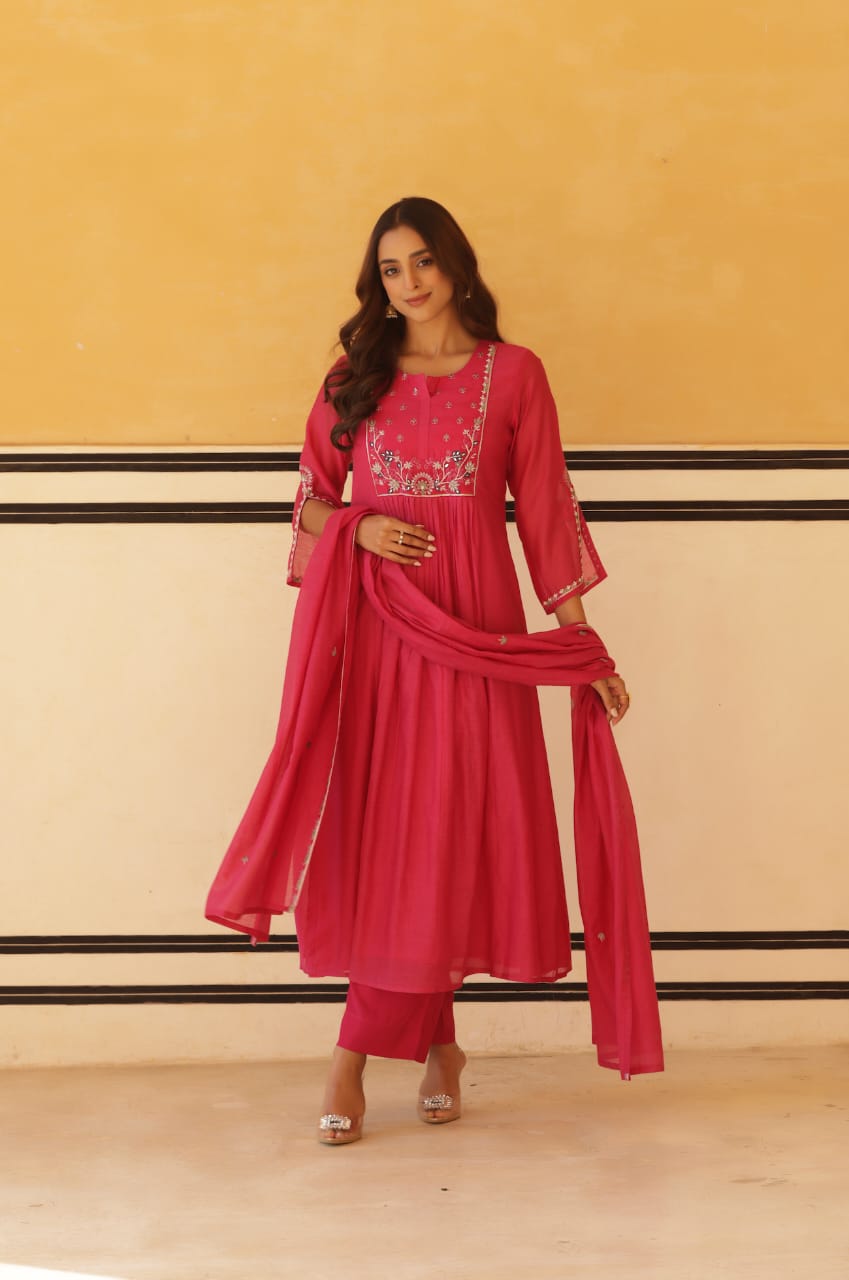 Vibrant Pink Pure Mul Chanderi Flared Kurta