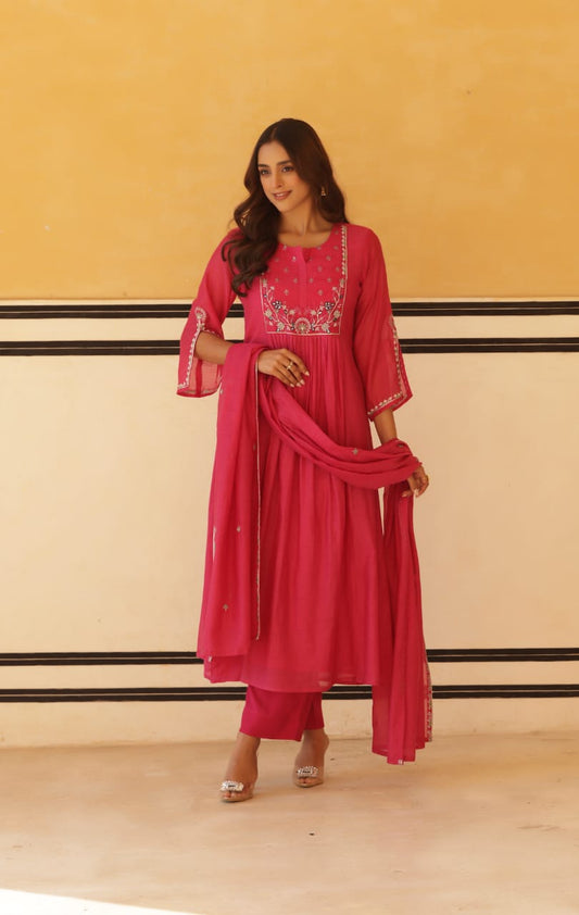 Vibrant Pink Pure Mul Chanderi Flared Kurta