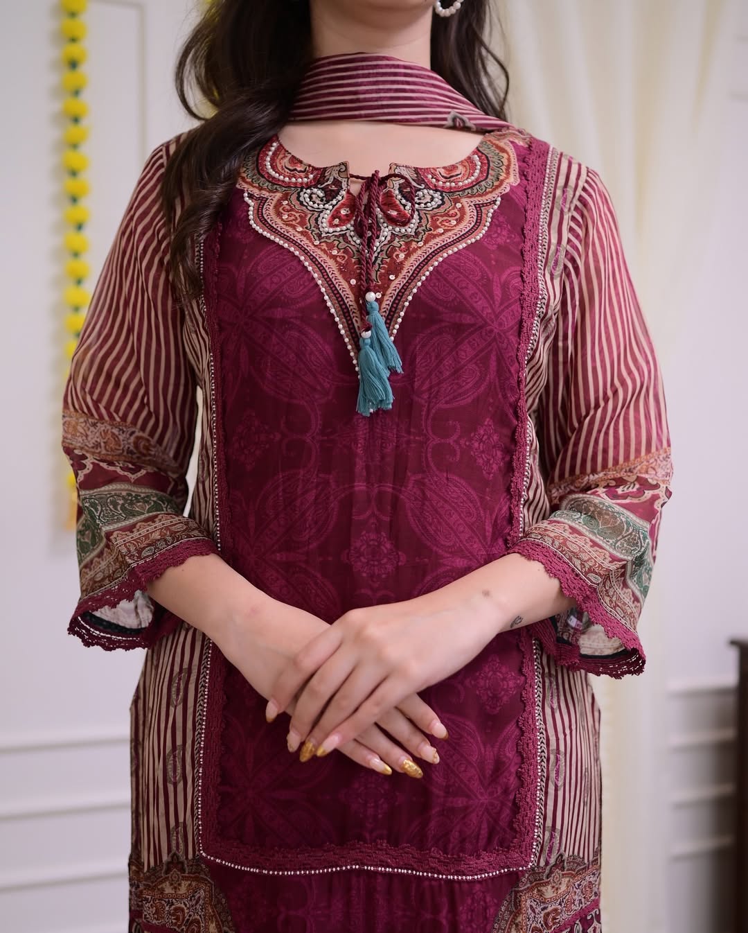 MAROON HANDWORK PAKISTANI ORGANZA SUIT Set