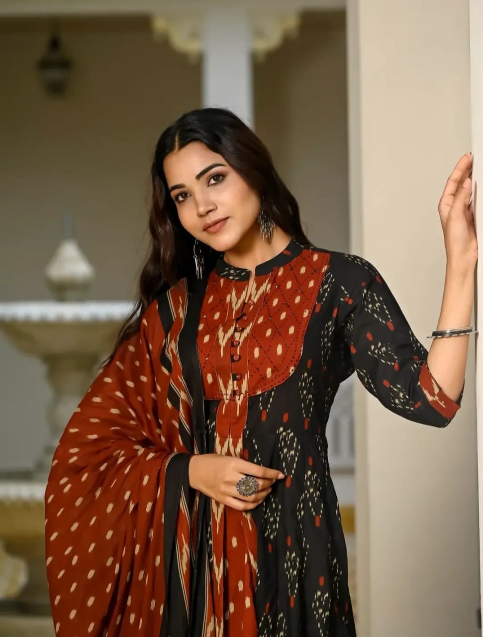 Black Designer ekka print with Anarkali pant and Dupatta set
