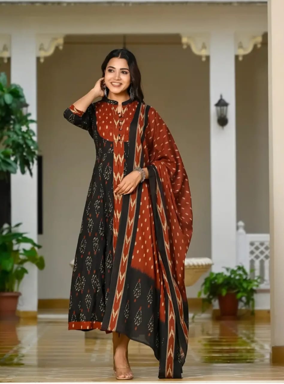 Black Designer ekka print with Anarkali pant and Dupatta set