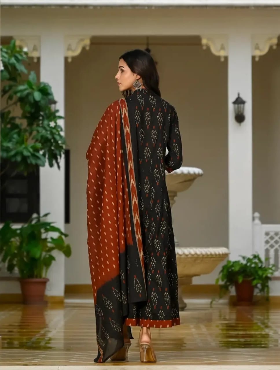 Black Designer ekka print with Anarkali pant and Dupatta set