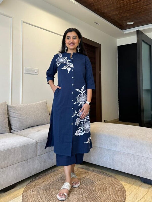 Navy Blue Floral Printed Cotton A-line Fit Kurta Pant
