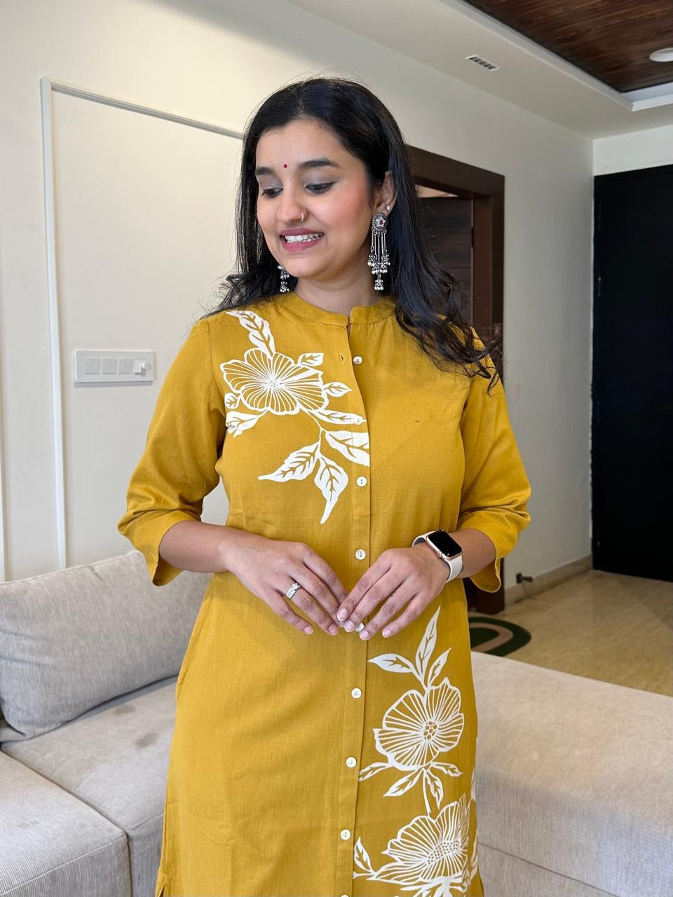 Yellow Floral Printed Cotton A-line Fit Kurta Pant