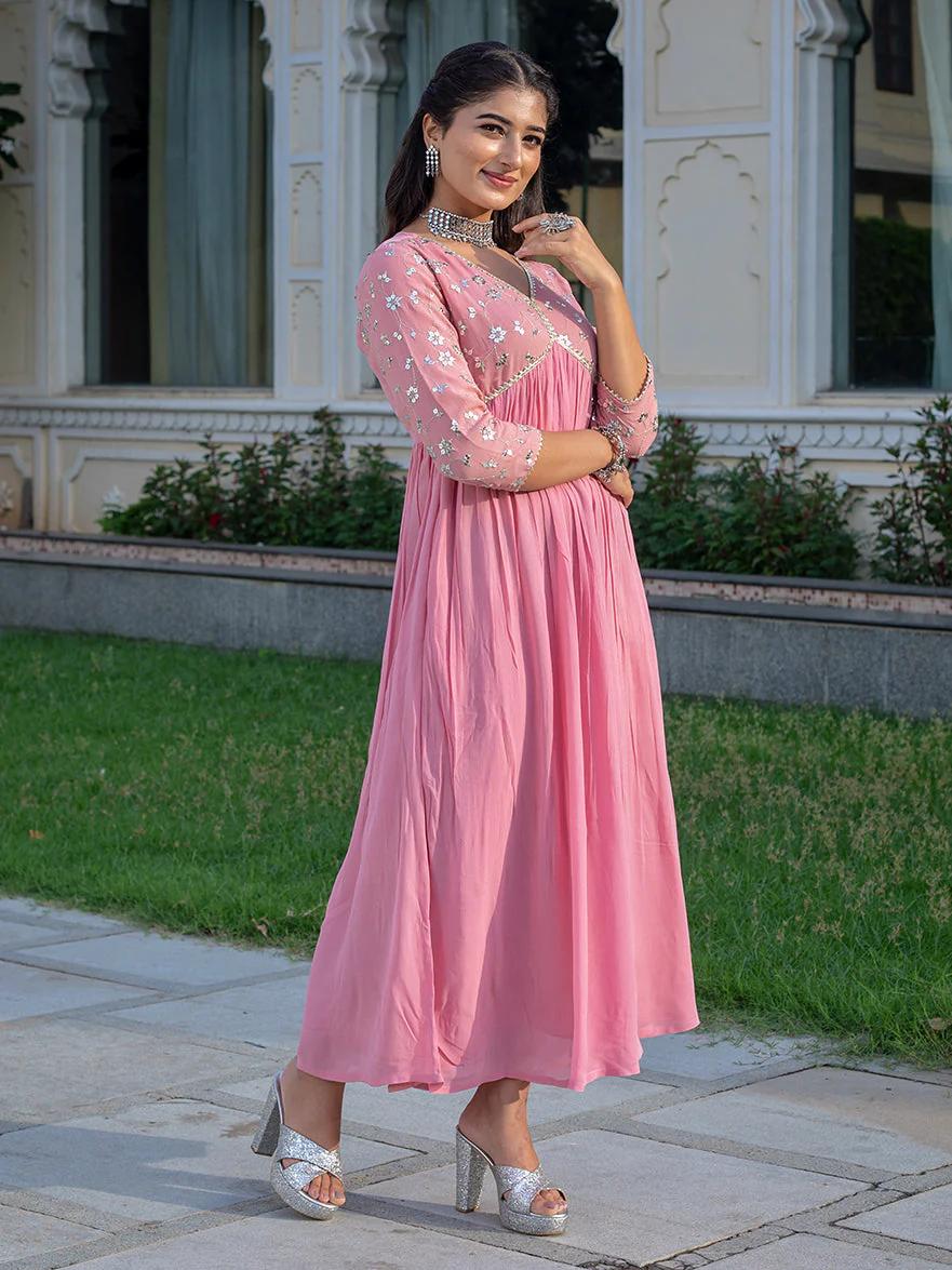 Pink Sequence Embroidered Rayon Anarkali Gown