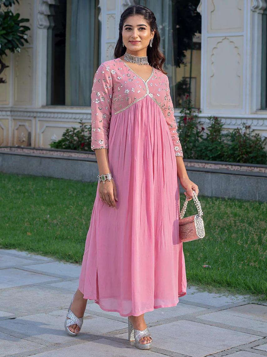 Pink Sequence Embroidered Rayon Anarkali Gown