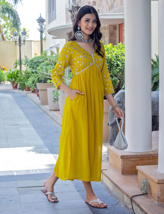 Yellow Sequence Embroidered Rayon Anarkali Gown