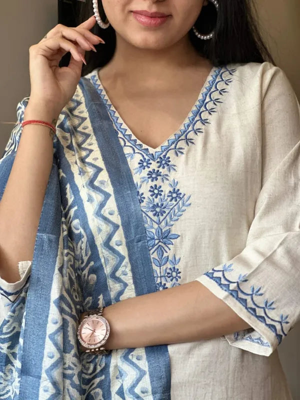 Off White Embroidered Cotton Flex Suit Set with Cotton Silk Dupatta set