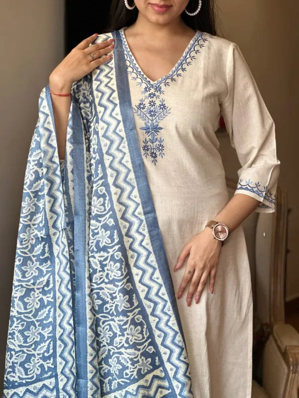 Off White Embroidered Cotton Flex Suit Set with Cotton Silk Dupatta set