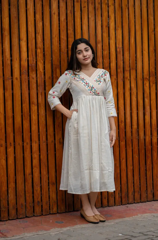 Off white cotton  dress with floral embroidery and crochet lace detailings
