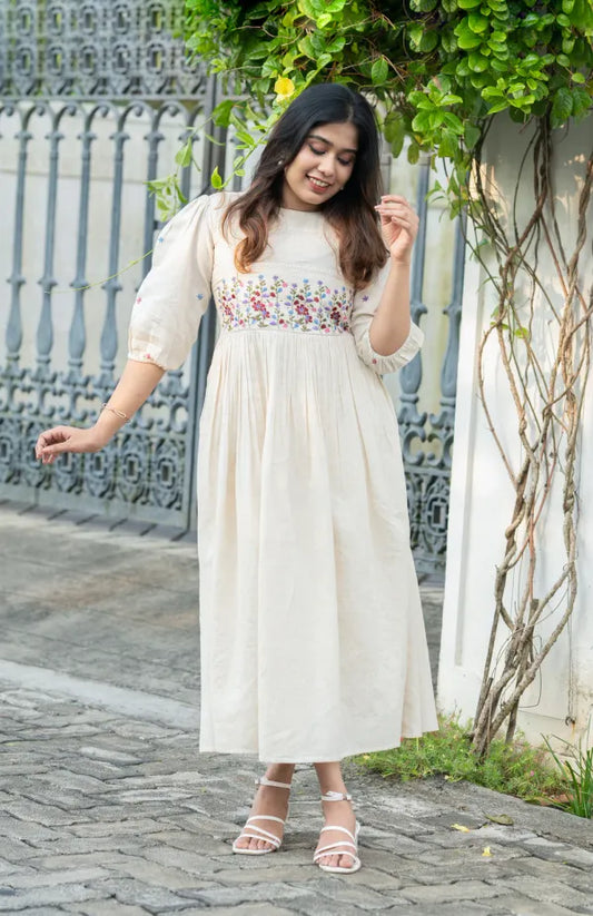 Off White Embroidered Cotton Anarkali Gown
