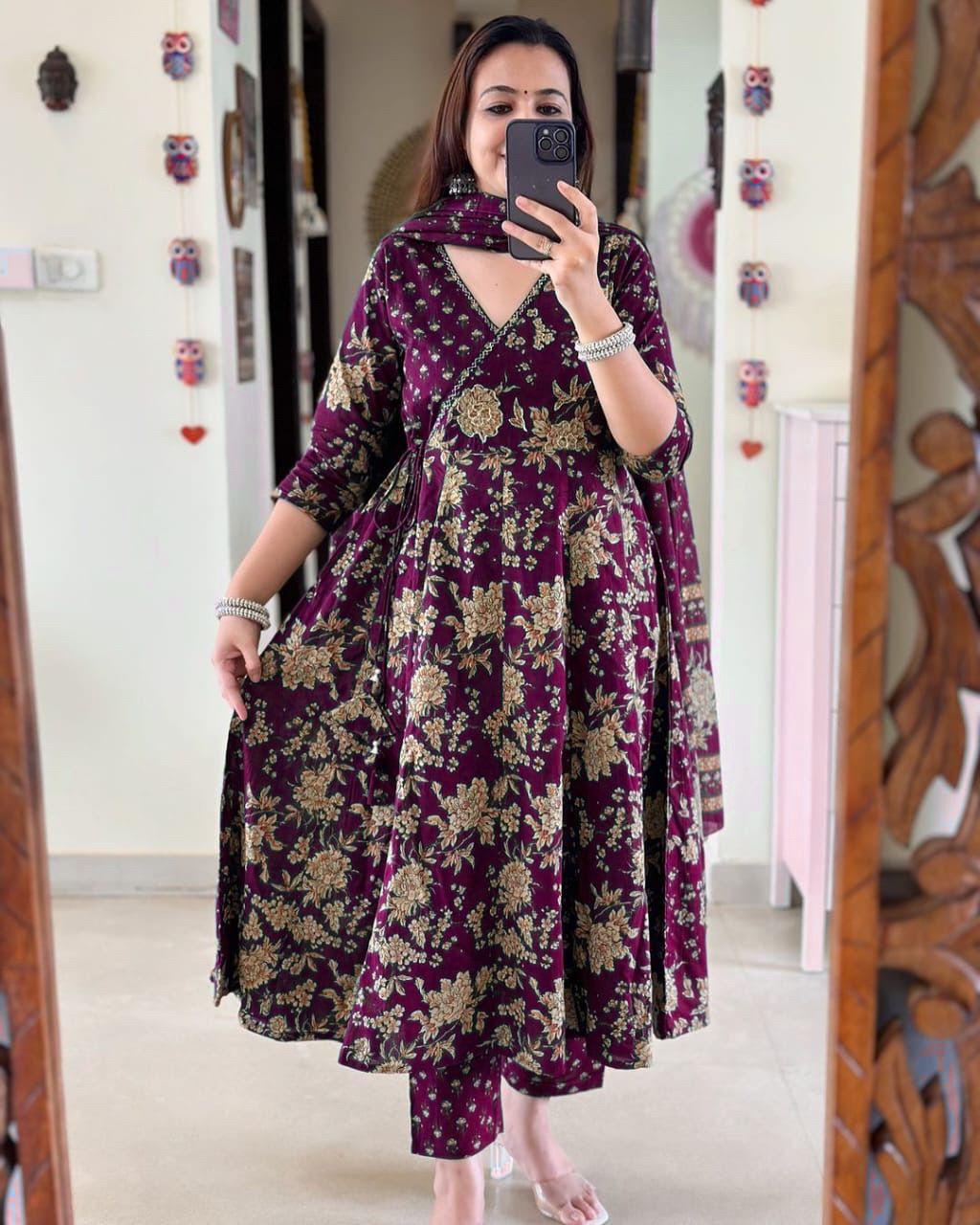 Purple Anarkali Kurta Set With Angrakha Style For Women | Libas India