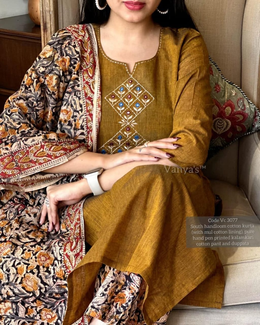 Brown Handloom Cotton Embroidered Kurti Pant Set
