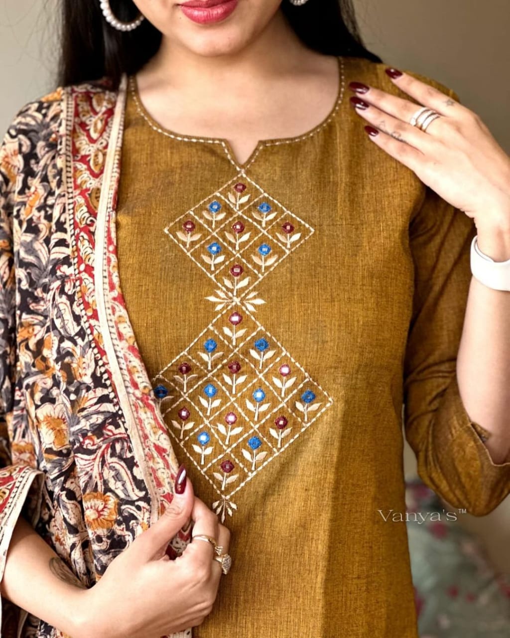 Brown Handloom Cotton Embroidered Kurti Pant Set