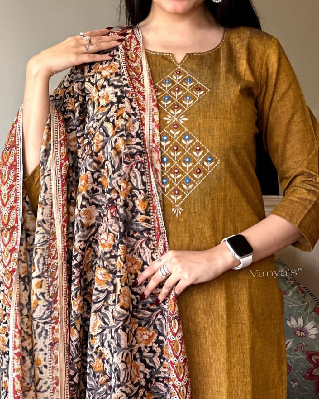 Brown Handloom Cotton Embroidered Kurti Pant Set