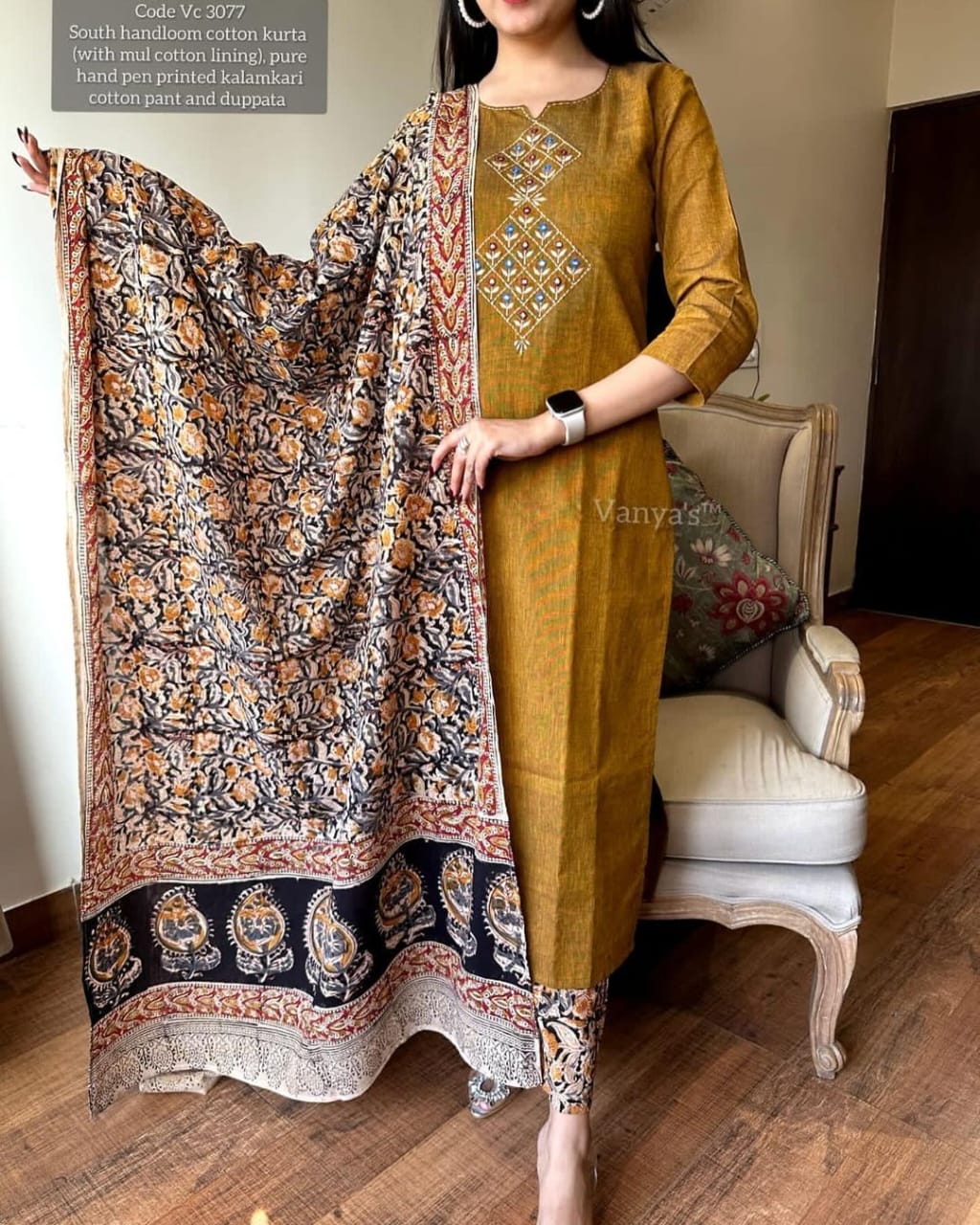 Brown Handloom Cotton Embroidered Kurti Pant Set